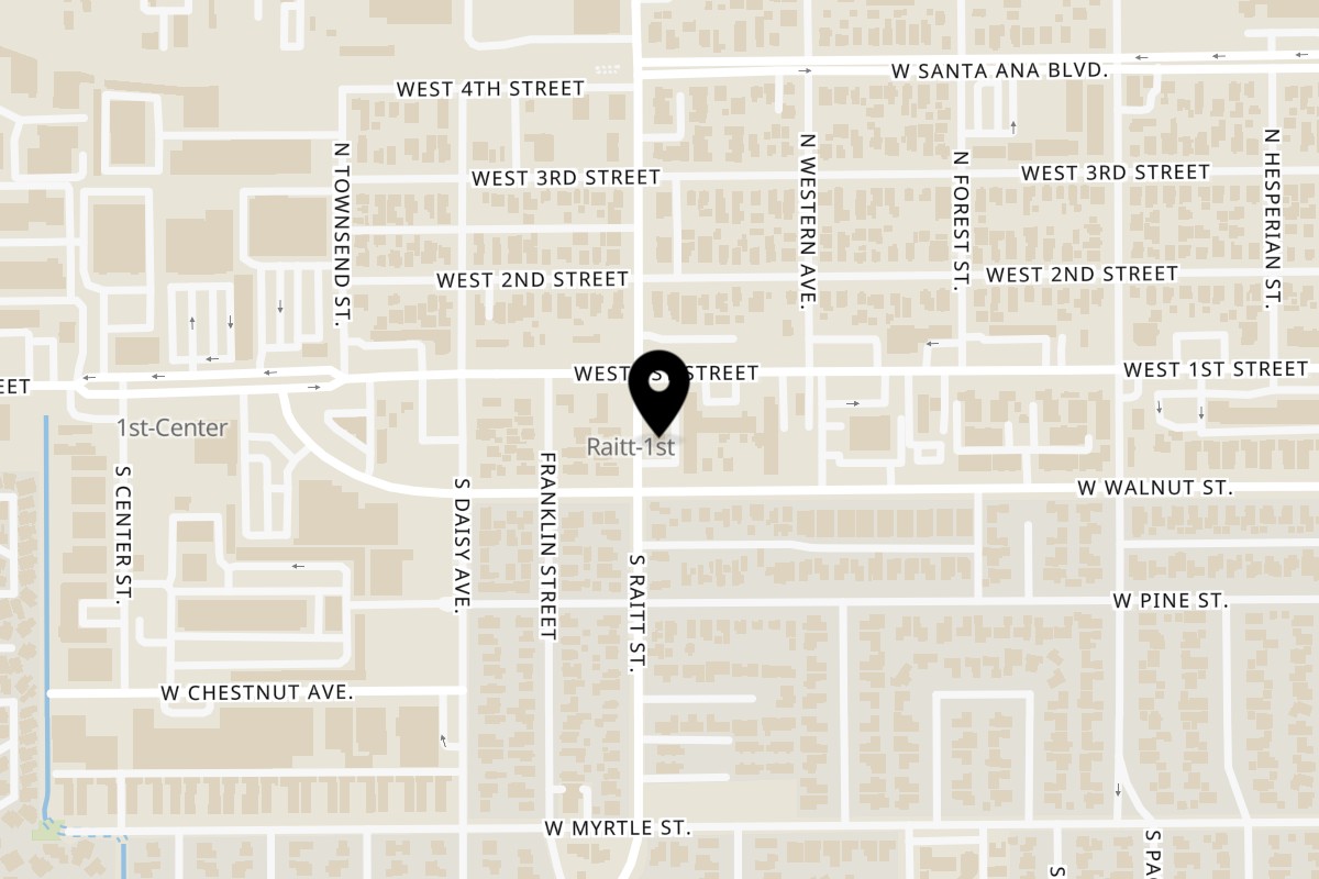 Map showing the location of Peroni Pizza Santa Ana - 1st & Raitt on 1734 W 1st St in Santa Ana